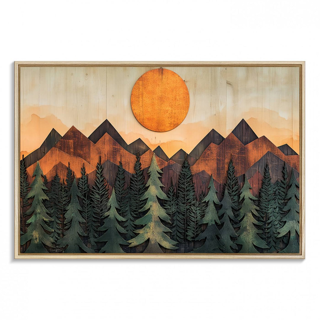 Sunset Mountain Landscape canvas wall art print featuring forest and wooden textures in green, brown, and orange.