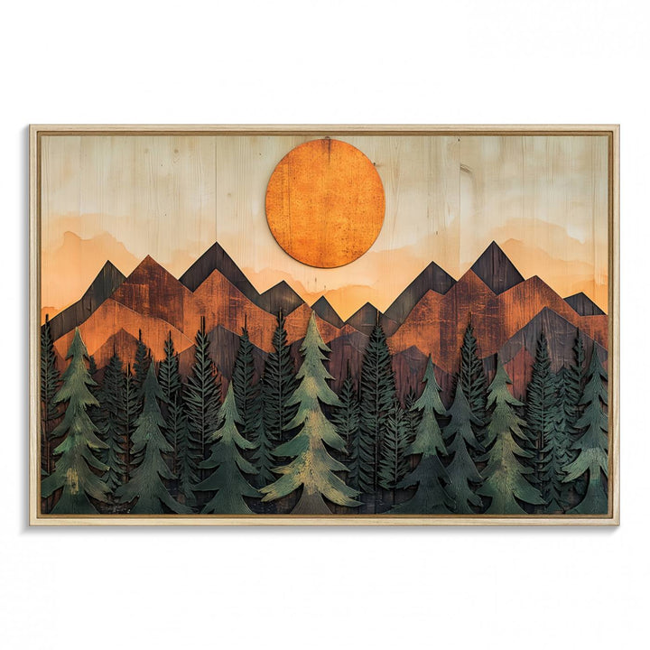 Sunset Mountain Landscape canvas wall art print featuring forest and wooden textures in green, brown, and orange.