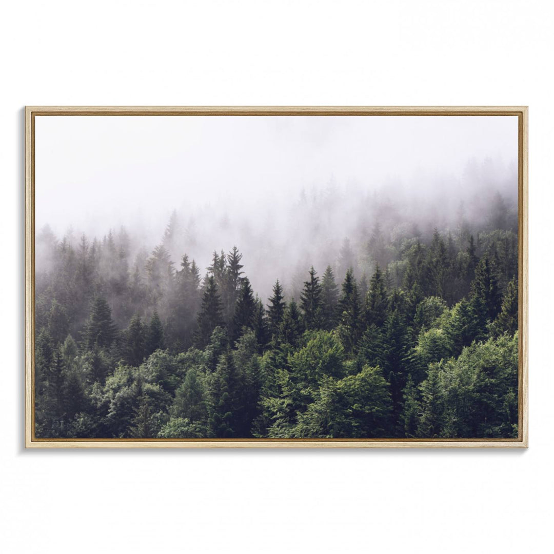 A serene triptych nature print featuring a misty forest, perfect as wall art.