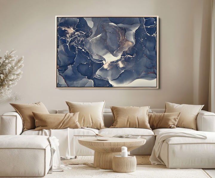 Large Abstract Blue and Gold Canvas Wall Art | Fluid Ink Artwork Print | Luxury Wall Decor for Contemporary Interiors | Framed Ready to Hang