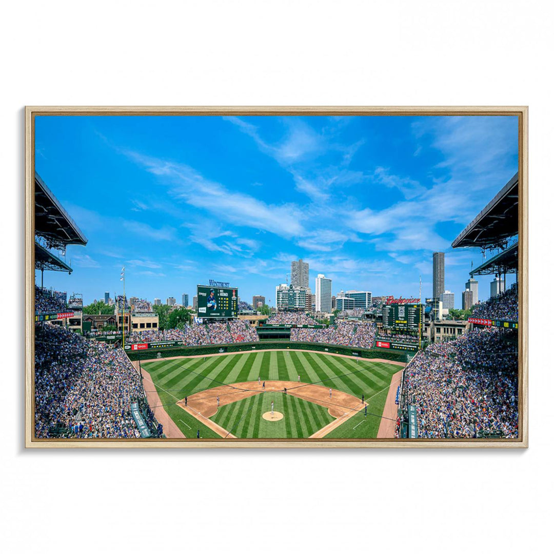 Panoramic view of Wrigley Field, ideal for the Wrigley Field Chicago Cubs Panoramic Canvas Wall Art - Ready to Hang.