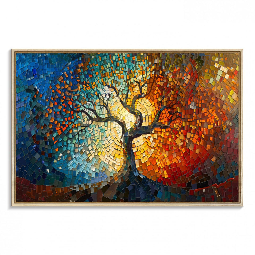 Mosaic Tree Canvas Wall Art: A stunning stained glass-inspired Tree of Life featuring blue and orange swirling patterns reminiscent of a sunburst.