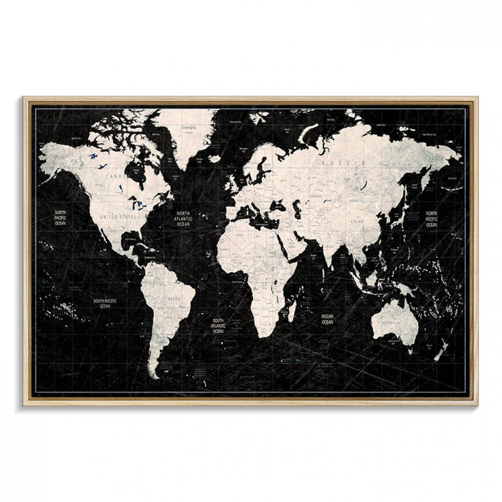 Framed Black and White World Map Canvas Print | 3-Panel Ready to Hang Wall Art for Modern Home Decor | Bold Global Style for Office Decor