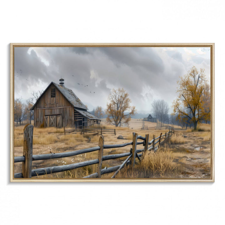 Rustic Autumn Farmhouse Wall Art – Weathered Barn & Trees Canvas Print, featuring a serene scene with birds in the sky. This piece is ready to hang.