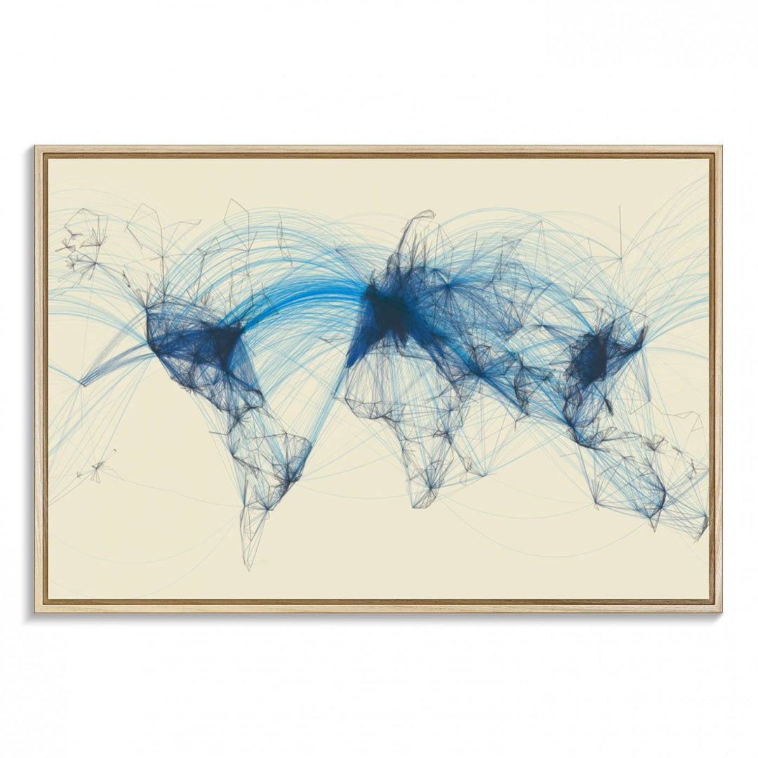 Flight Routes Map: Air Traffic Avi World Map featuring blue lines symbolizing global data. Ideal for home decor and ready to hang.