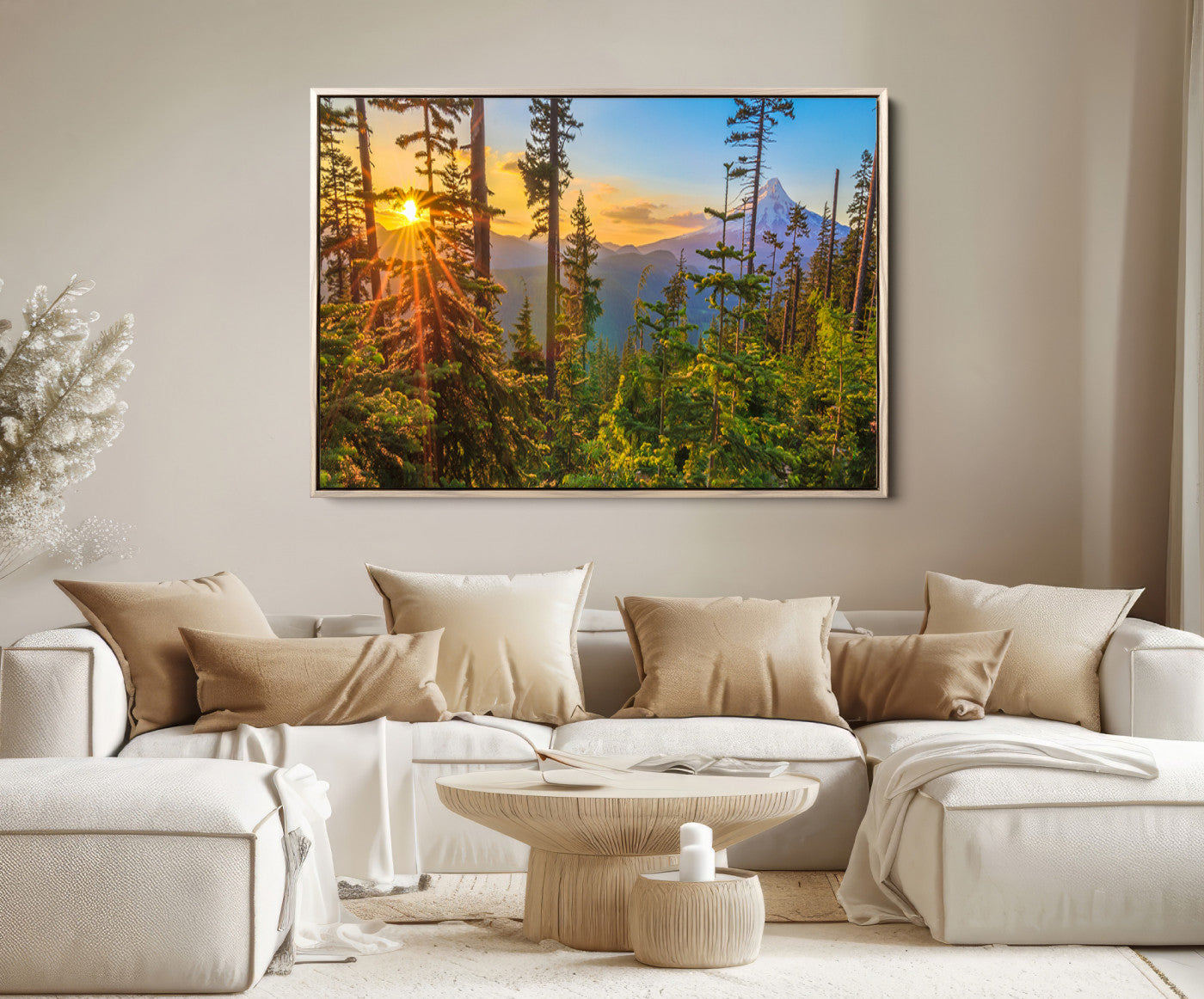 83544043-MGV-FC-36X24-Forest Sunset Wall Art Canvas Print, Framed Sunset Trees Art Picture Print, Green Pines Perfect Rustic Nature Decor