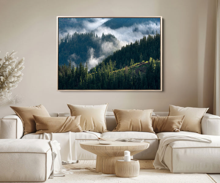 Misty Forest Wall Art Canvas Print, Framed Pine Hills Art Picture Print, Moody Hills Perfect Moody Woodland Decor Artwork