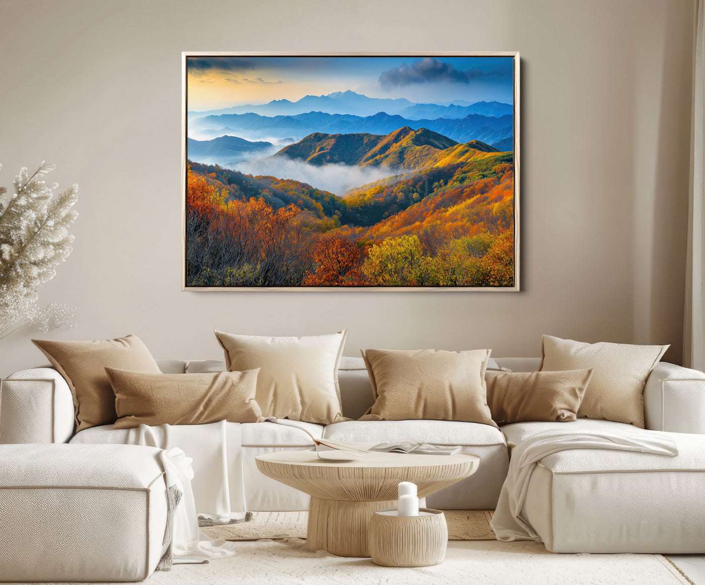 86772247-MGV-FC-36X24-Autumn Mountains Wall Art Canvas Print – Foggy Peaks Colorful Foliage Serene Landscape Nature Artwork for Home Office