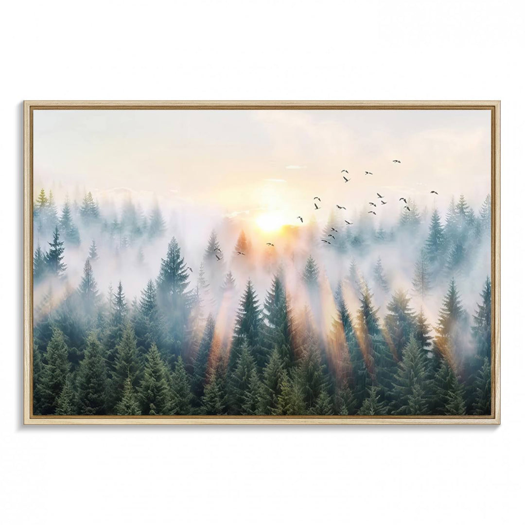 Misty Pine Forest Wall Art: A depiction of sunrise over foggy trees and birds against a bright sky; a framed woodland scene ideal for home or office decor.