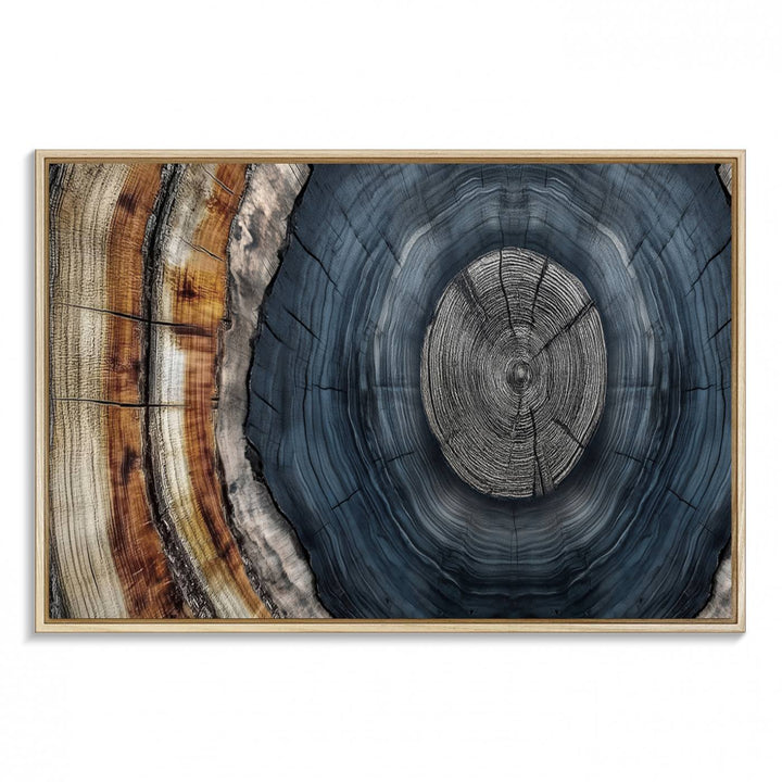 Close-up of the Abstract Tree Rings Wall Art Print featuring shades of blue, brown, and gray.