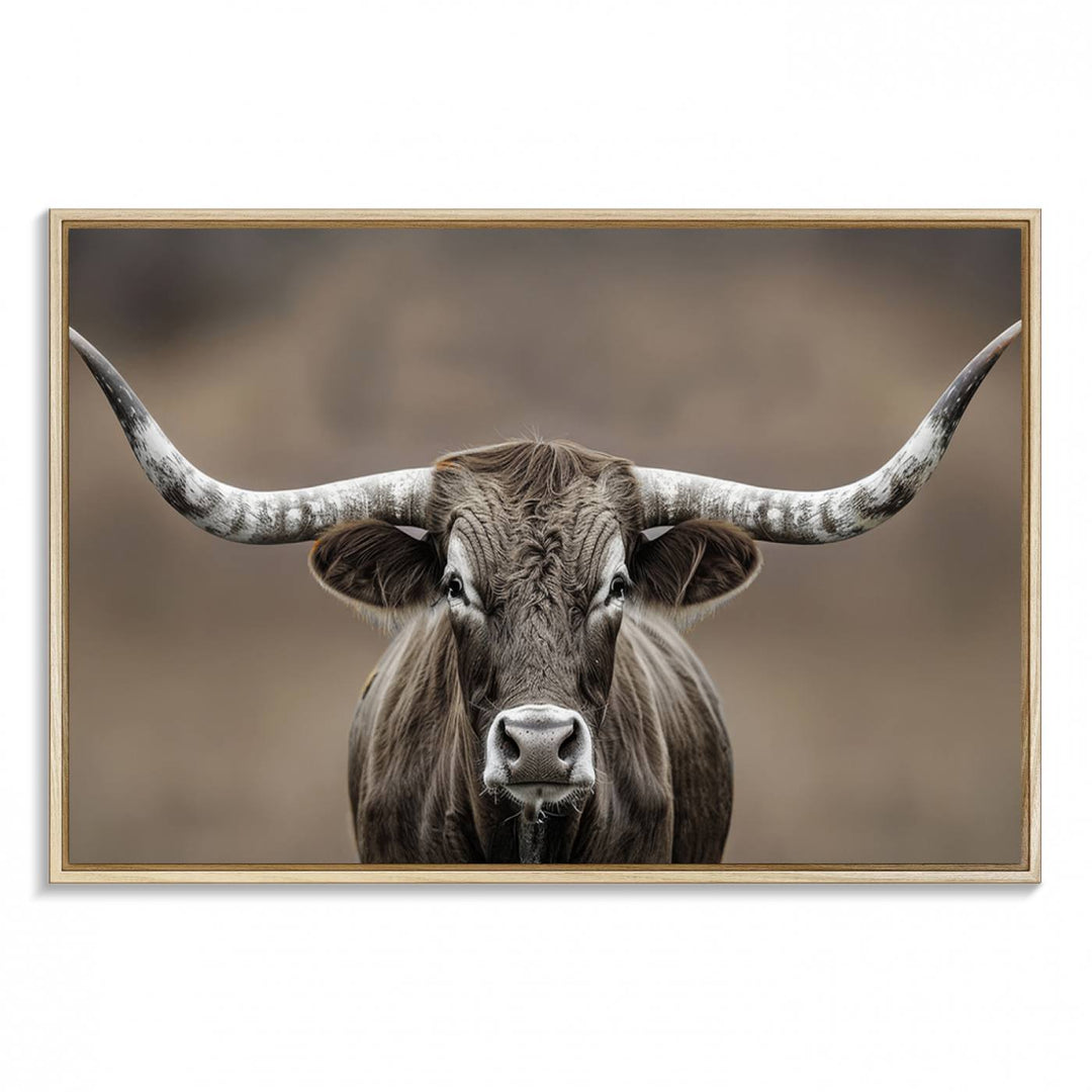 A close-up of a longhorn bull facing forward is featured in the Framed Texas Test-1, set against a blurred brown background.