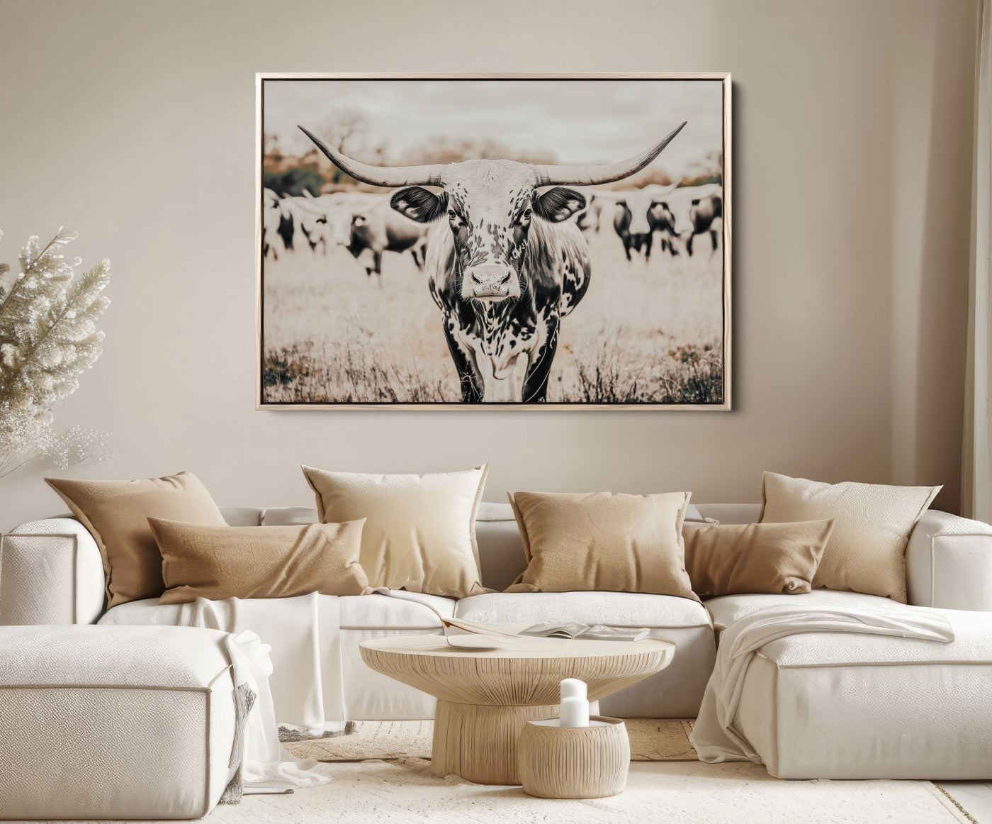 Texas Longhorn Wall Art Canvas Print, Framed Speckled Cow Art Picture Print, Horned Cattle Perfect Rustic Western Decor Artwork