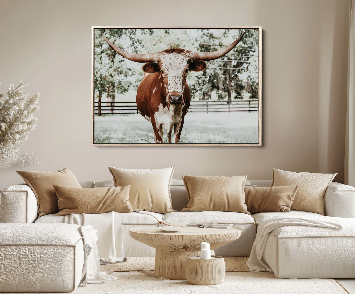 54757537-MGV-FC-36X24_Natural-Texas Longhorn Wall Art Canvas Print, Framed Spotted Cow Art Picture Print, Horned Cattle Perfect Rustic Western Decor Artwork