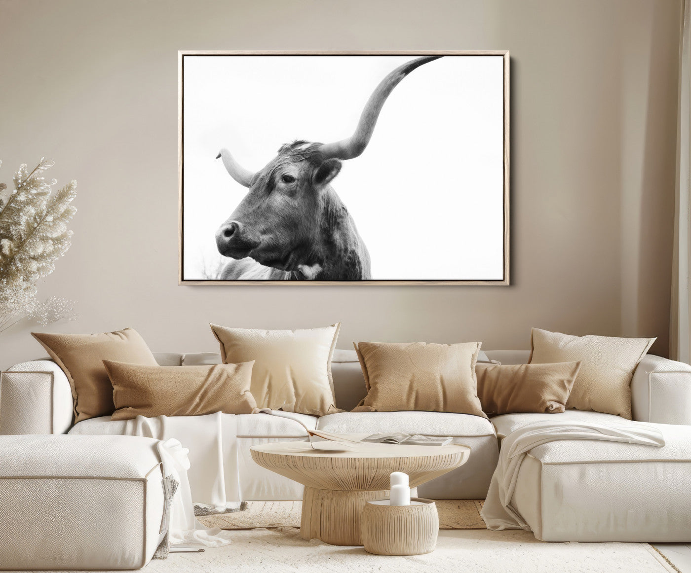 64392617-MGV-FC-36X24_Natural-Longhorn Wall Art Wall Art Canvas Print, Framed Modern Ranch Style Art Art Picture Print, Monochrome Cow Print Perfect Rustic Western Decor