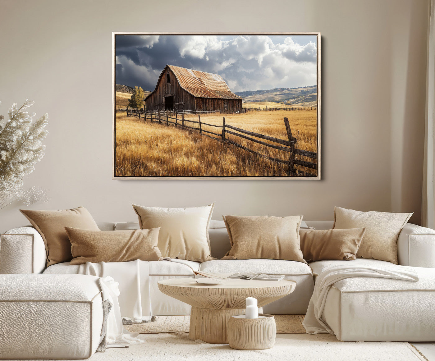 38758826-MGV-FC-36X24-Rustic Barn Wall Art Canvas Print – Framed Moody Barn Golden Field Countryside Farmhouse Landscape Artwork for Home Office