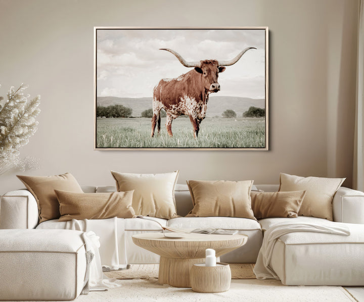 Texas Longhorn Wall Art Canvas Print, Framed Spotted Cattle Art Picture Print, Horned Bull Perfect Rustic Western Decor Artwork