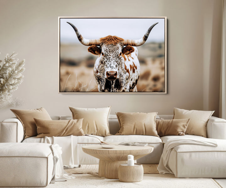 Texas Longhorn Wall Art Canvas Print, Framed Spotted Cow Art Picture Print, Horned Cattle Perfect Rustic Western Decor Artwork