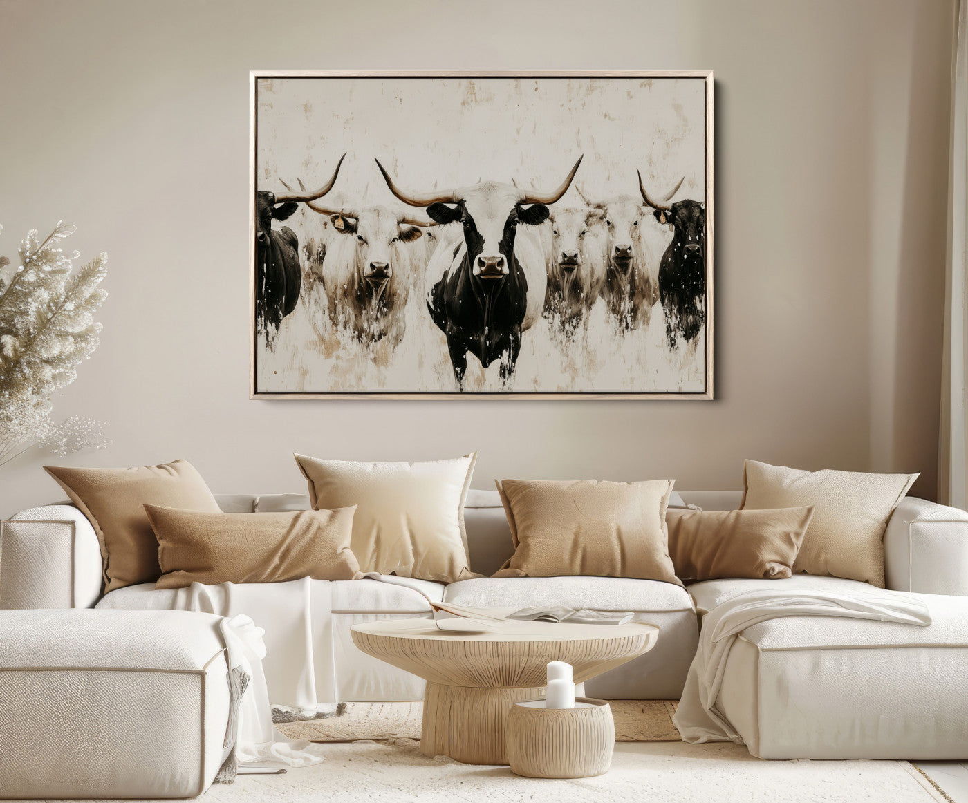12027562-MGV-FC-36X24-Longhorn Cattle Wall Art Canvas Print – Framed Bison Herd Western Ranch Countryside Animal Landscape Artwork for Home Office