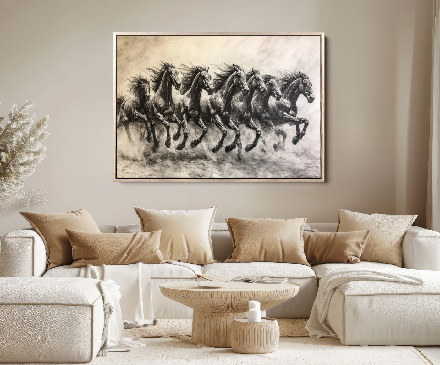 56089591-MGV-FC-36X24-Galloping Horses Wall Art Canvas Print – Framed Wild Stallions Herd Sketch Dynamic Equestrian Artwork for Home Office