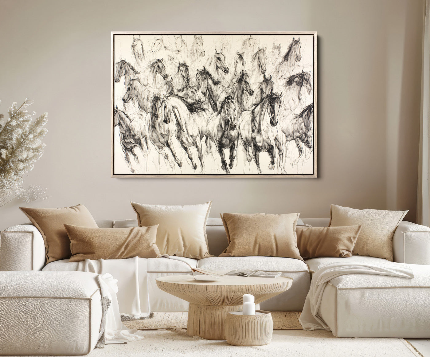 Running Horses Wall Art Canvas Print, Framed Horse Sketch Art Picture Print, Galloping Herd Perfect Monochrome Western Decor
