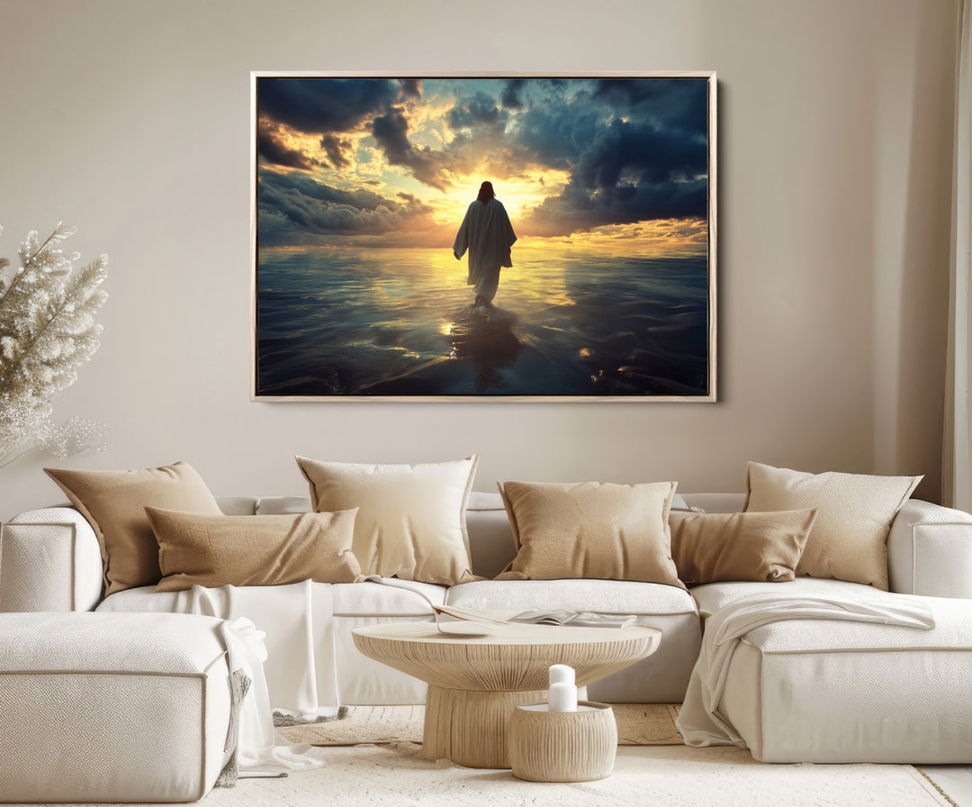 Jesus Walks Wall Art Canvas Print, Framed Divine Sunset Art Picture Print, Spiritual Light Perfect Spiritual Tranquil Decor Artwork