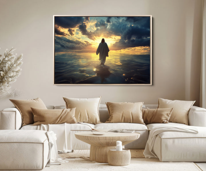 Jesus Walks Wall Art Canvas Print, Framed Divine Sunset Art Picture Print, Spiritual Light Perfect Spiritual Tranquil Decor Artwork