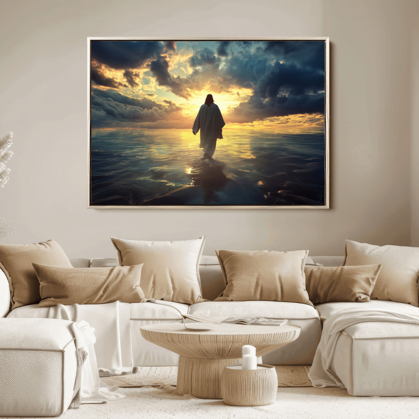 Spiritual artwork of Jesus walking on water at golden hour with divine light, ideal for Christian home decor or prayer room.