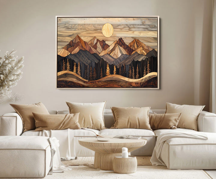 Wood Mountain Wall Art Canvas Print, Framed Boho Wood Art Print, Abstract Woodland Farmhouse Decor