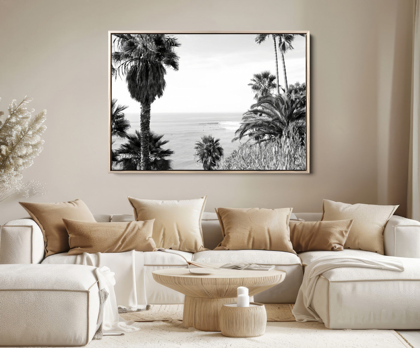 89458520-MGV-FC-36X24-Palm Trees Wall Art Canvas Print, Framed Coastal Art Picture Print, Ocean Horizon Perfect Monochrome Coast Decor