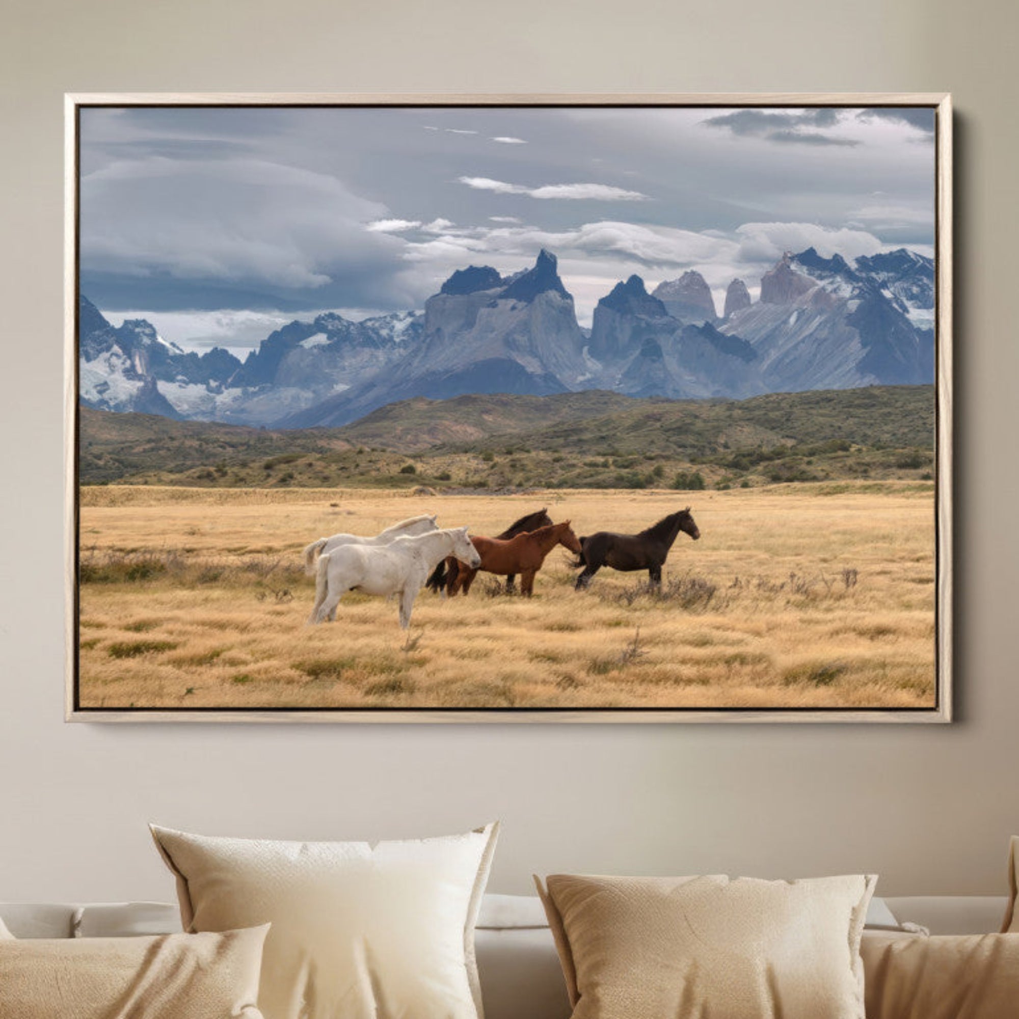 69960232-MGV-FC-36X24-Horses Grazing Wall Art Canvas Print – Framed Mountain Field Scenic Landscape Cloudy Sky Nature Artwork for Home Office