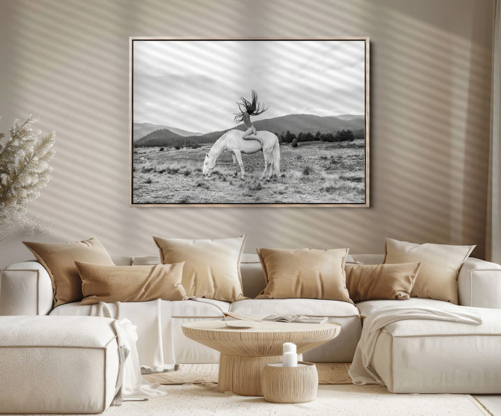 White Horse Wall Art Canvas Print, Woman Rider Print, Framed Equestrian Pose Art Print, Large Grazing Horse Printing Western Boho