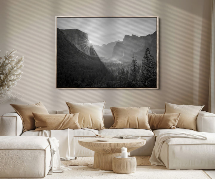Yosemite Valley Wall Art Canvas Print, Framed El Capitan Sunrise Print, Framed Misty Mountain Art Print, Large Monochrome Valley Printing