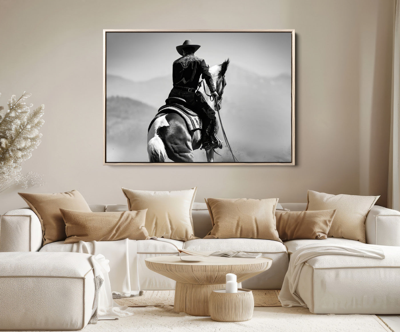83102464-MGV-FC-36X24-Western Wall Art Canvas Print – Framed Cowboy and Horse Scene Artwork for Rustic Western Home, Office Decor