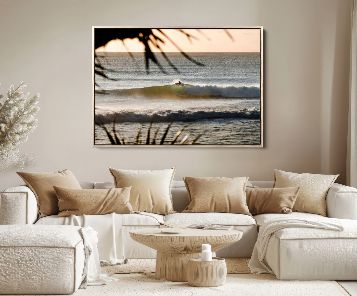 24896468-MGV-FC-36X24-Sunset Surf Wall Art Canvas Print – Framed Golden Hour Waves Scene Artwork for Boho Home, Office, Living Room Decor