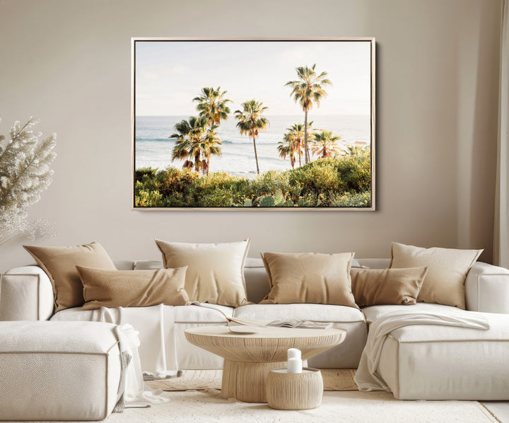 California Coast Wall Art Canvas Print, Framed Palm Trees Art Picture Print, Coastal Landscape Perfect Coastal Minimalist Decor