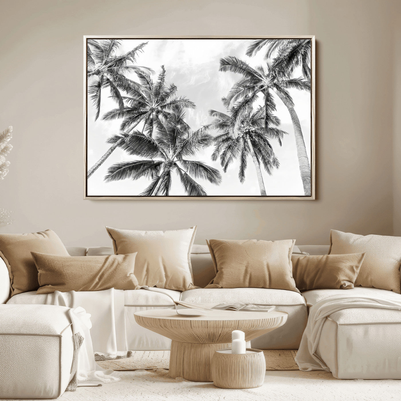 62113786-MGV-FC-36X24_Natural-Black White Palm Wall Art Canvas Print, Framed Monochrome Tropics Art Picture Print, Coastal Minimalist Decor