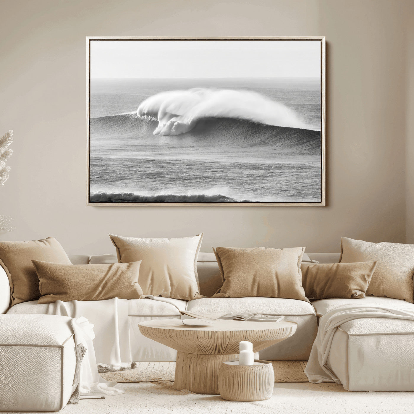 A dramatic black and white ocean wave crashing with immense force, capturing the raw power and movement of the sea in a bold seascape.