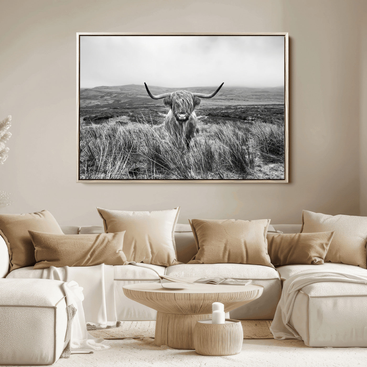A black and white portrait of a Highland cow in a foggy Scottish countryside, capturing a rustic aesthetic and tranquil farm escape.