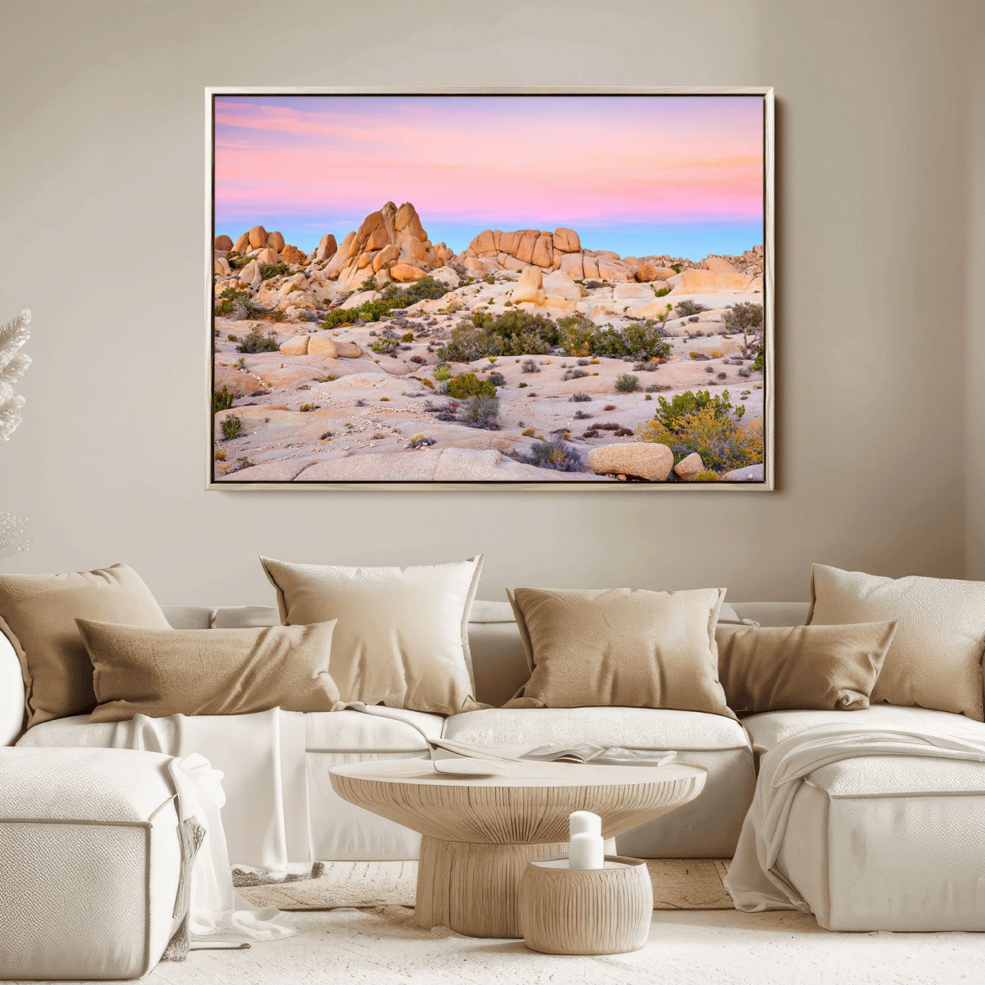 A breathtaking desert landscape featuring rugged rock formations under a vibrant pastel sunset sky, capturing the warmth and serenity of a Southwestern wilderness.