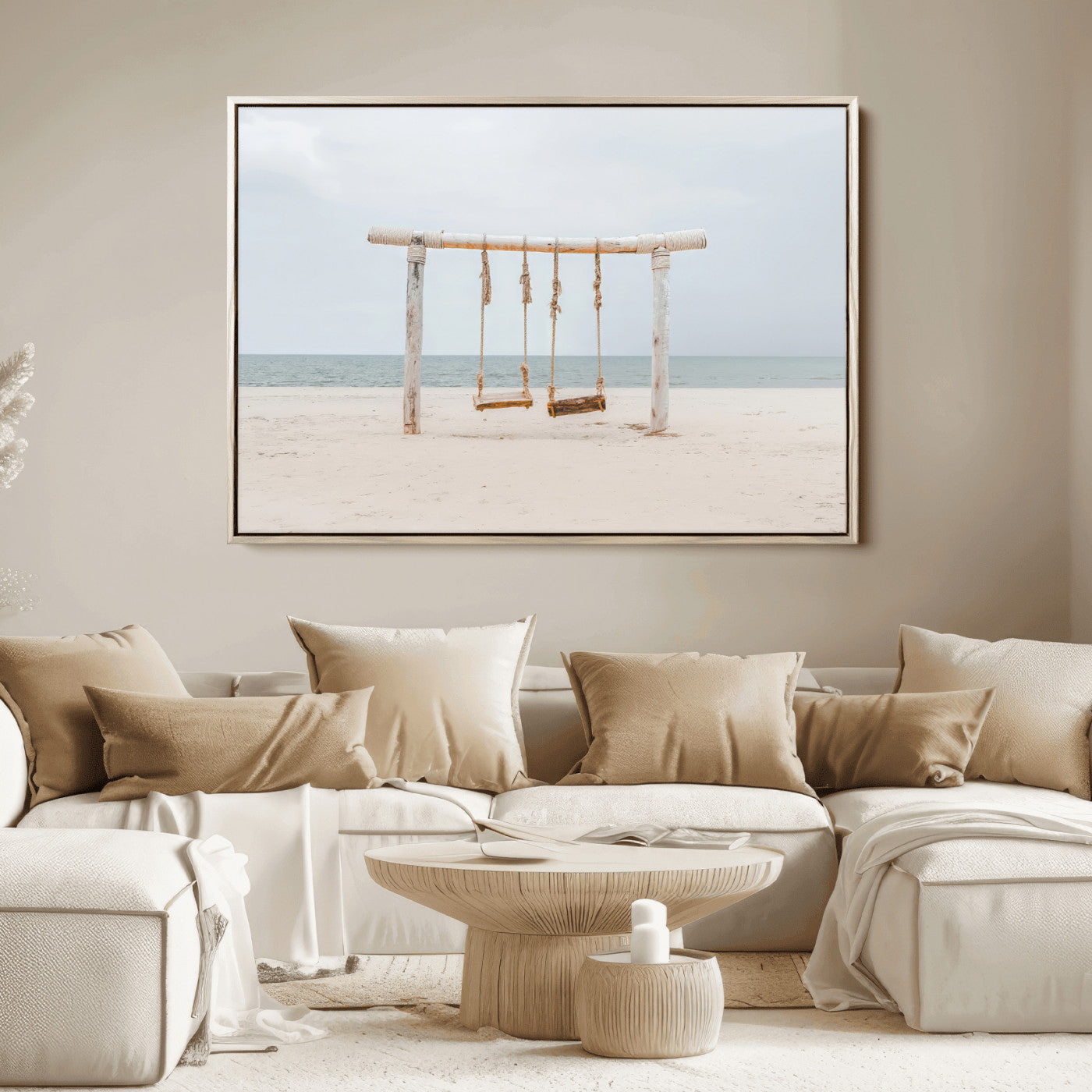 A rustic wooden beach swing stands on a serene sandy shore with an ocean horizon in the background, creating a tranquil and dreamy coastal escape.