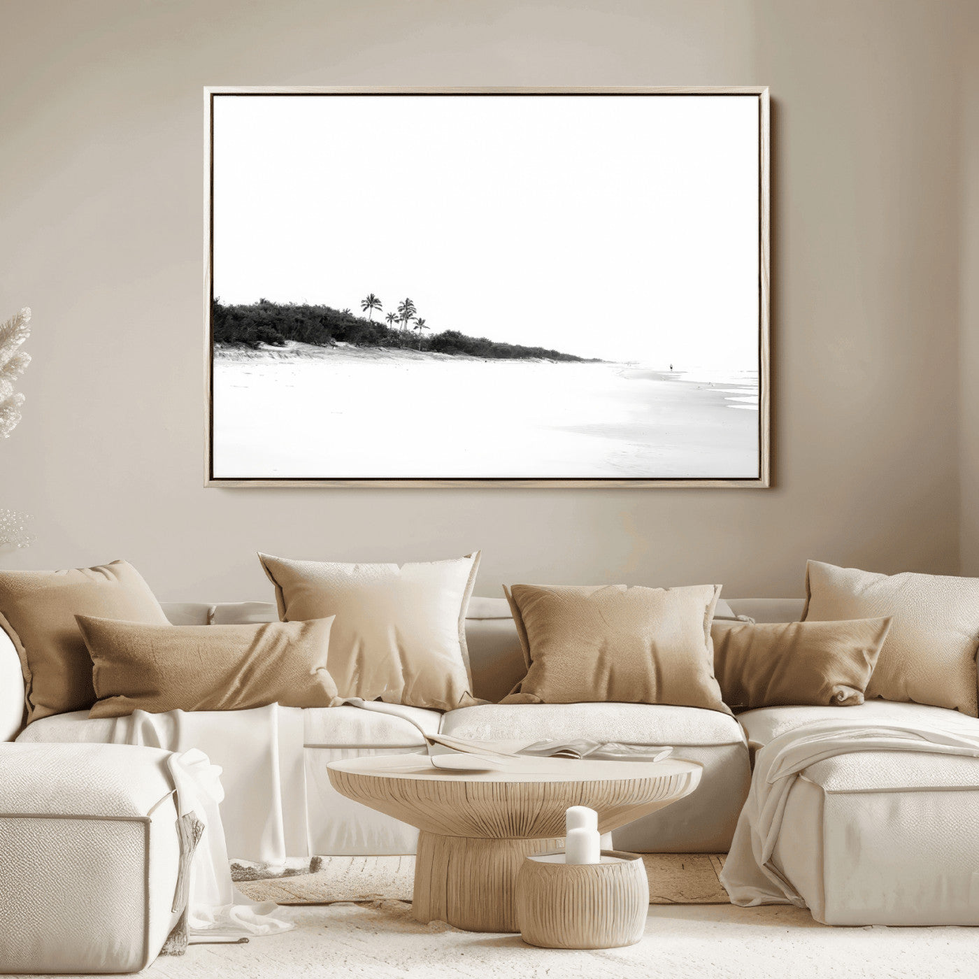 A black and white minimalist coastal scene with a vast open beach, distant palm trees, and a lone figure walking along the shoreline, evoking serenity and solitude.