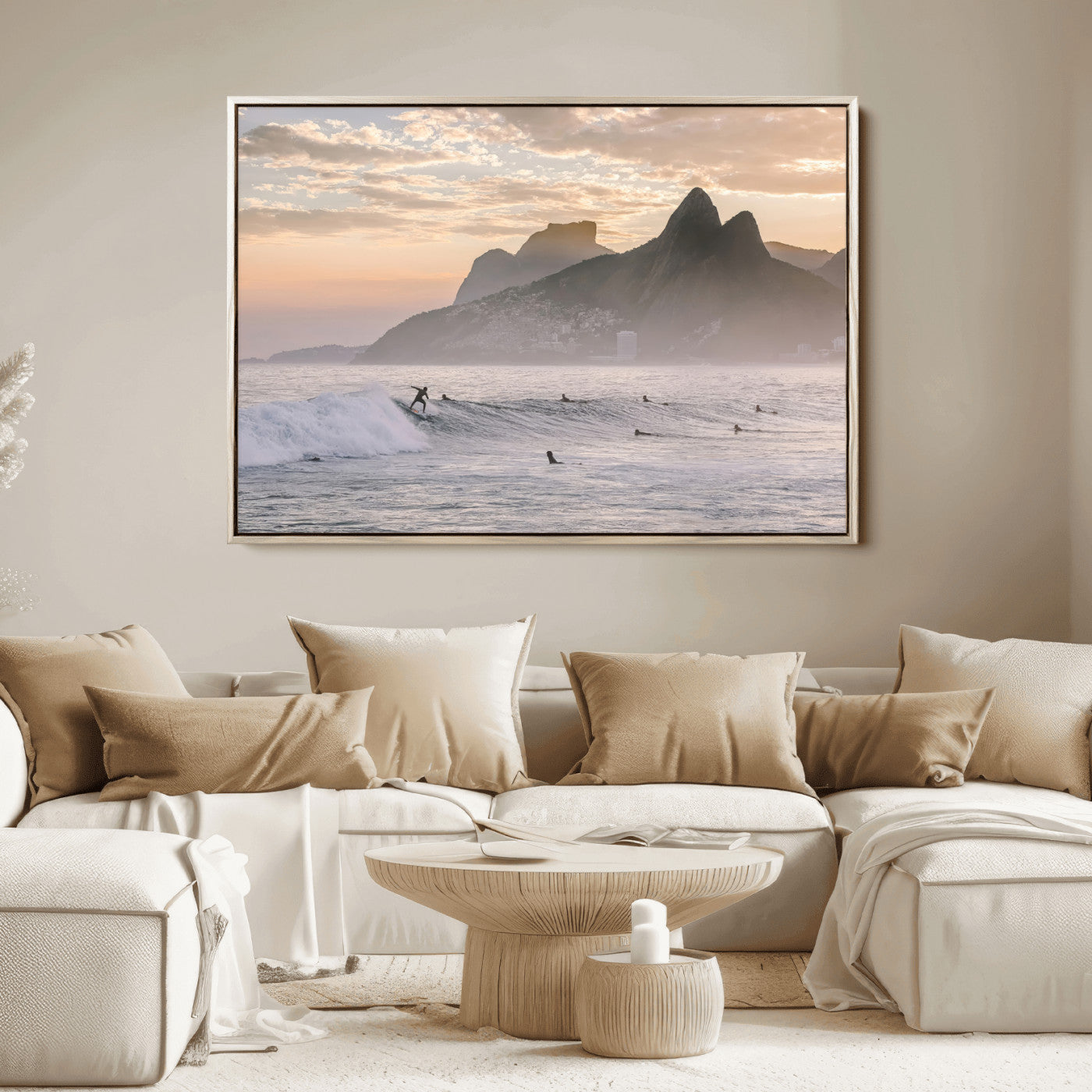 A surfer rides a golden hour wave near misty coastal mountains, surrounded by fellow surfers, capturing the spirit of a coastal adventure.