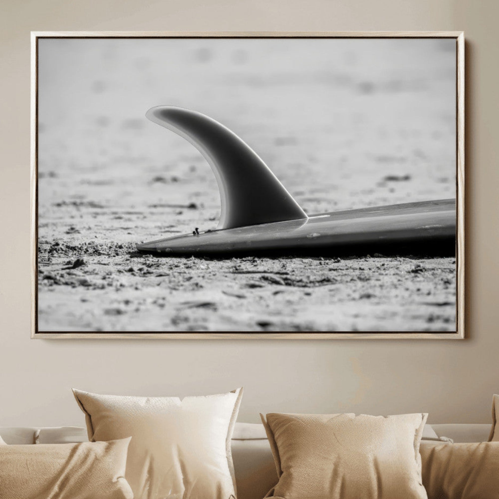 87750525-MGV-CV-36X24-Black White Surfboard Wall Art Canvas Print – Framed Minimalist Beach Art Picture Surf Fin Artwork for Home Office