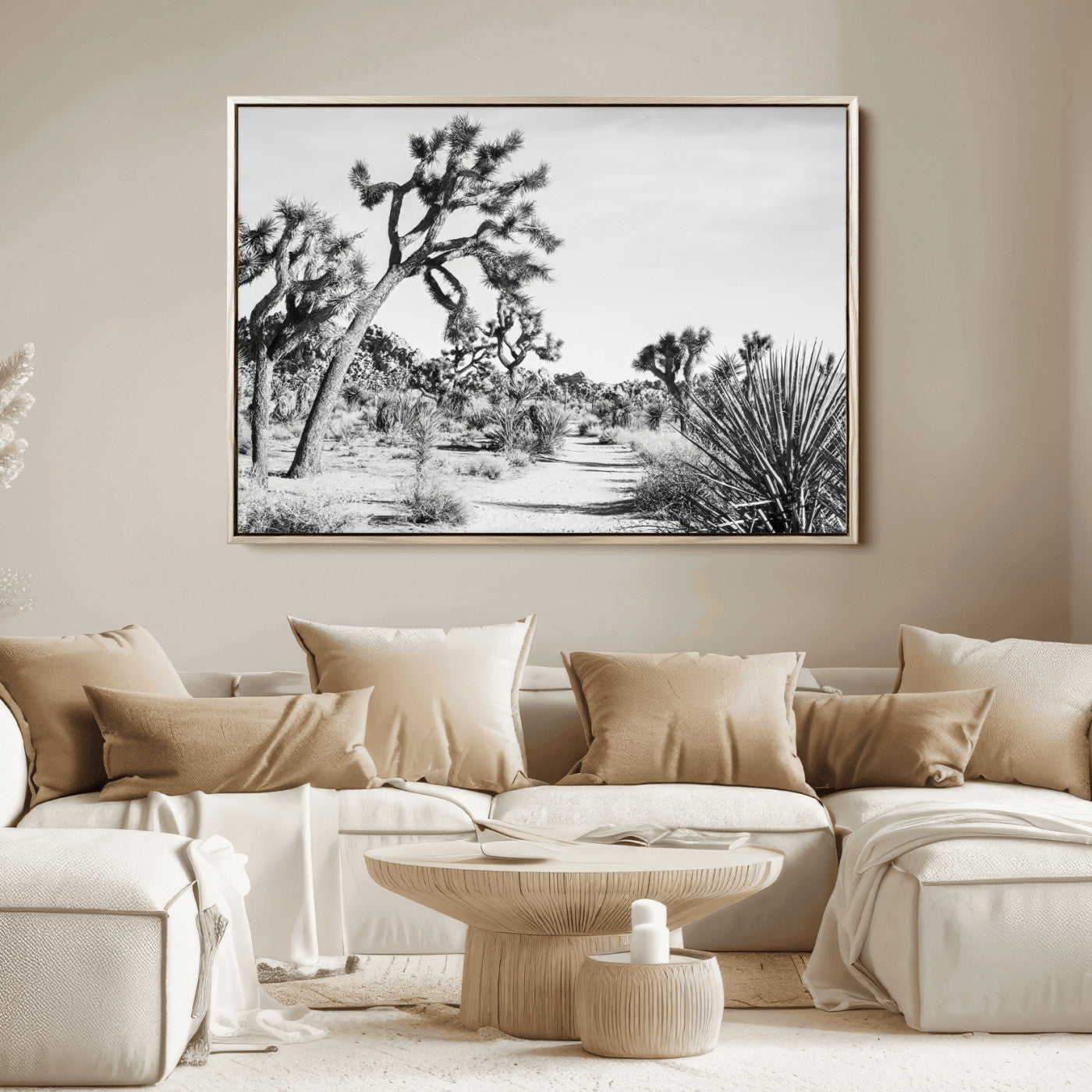 Canvas of a Joshua Tree forest in black and white tones, featuring a desert path and spiky vegetation, ideal for minimalist or rustic decor.