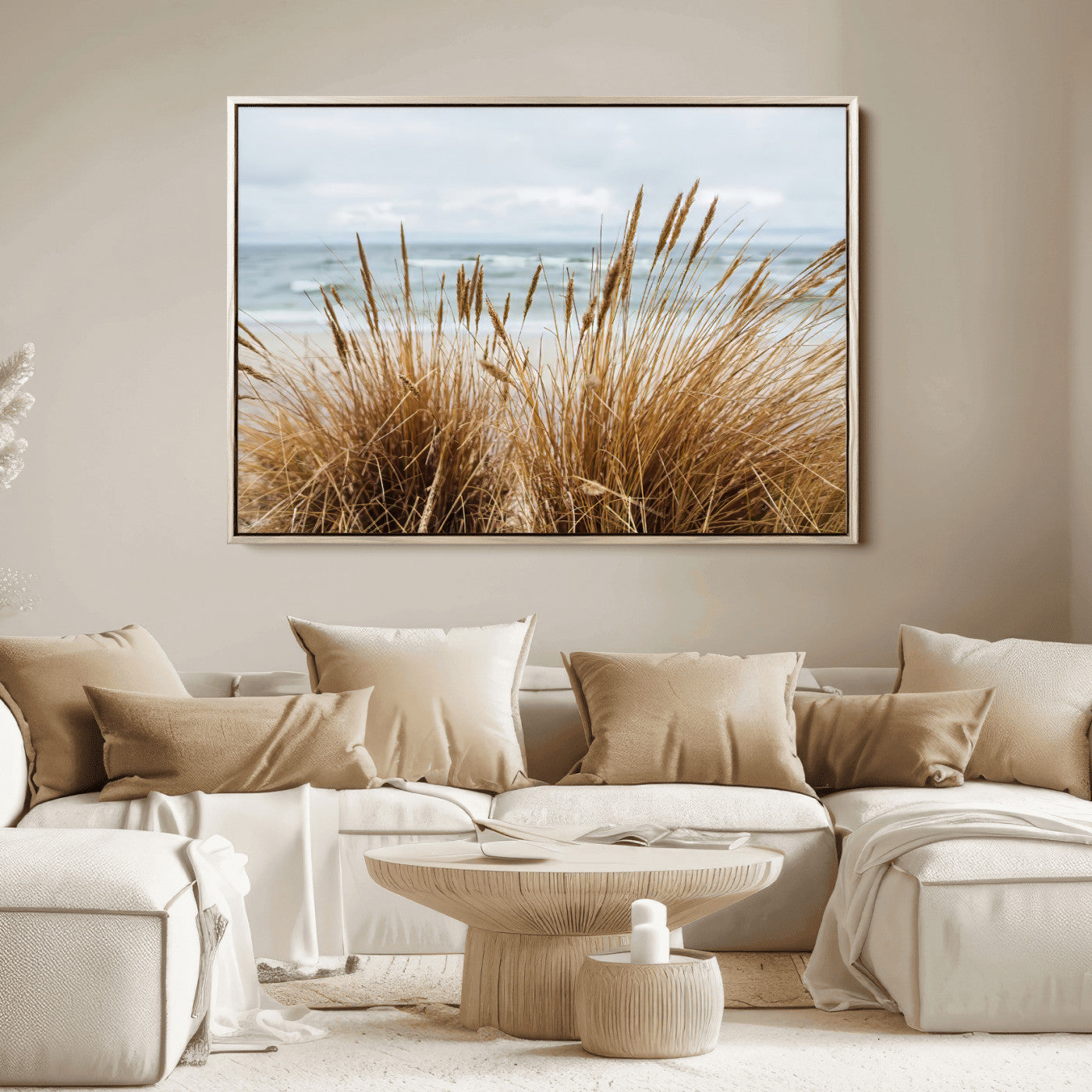Canvas of golden beach grass swaying by the ocean under a soft cloudy sky, perfect for neutral-toned or coastal minimalist decor.
