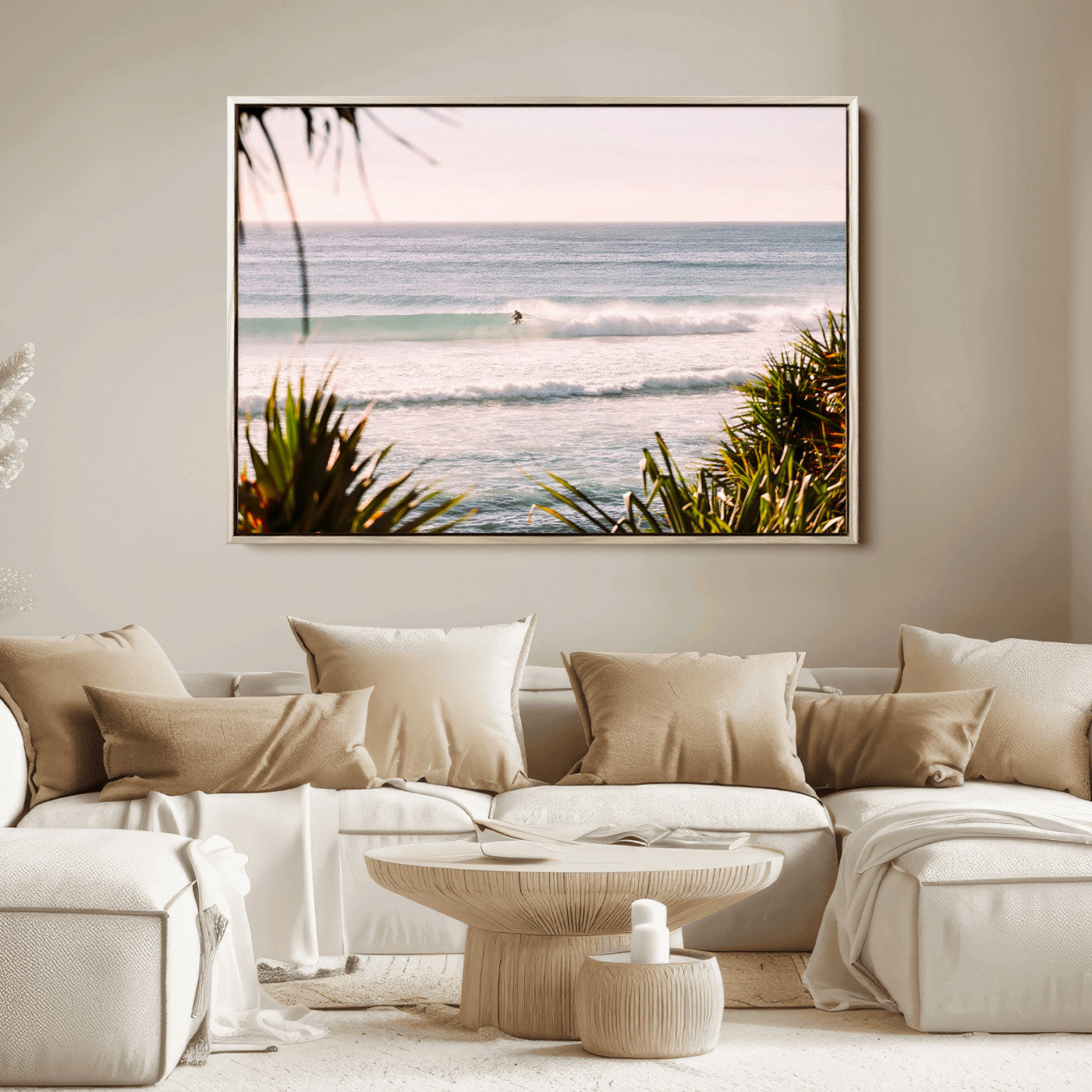 Canvas of a lone surfer riding a pastel wave at sunrise, perfect for tropical or coastal-themed spaces with a relaxed, airy vibe.