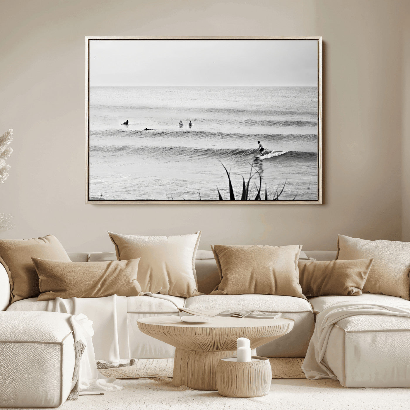 Monochrome canvas of surfers on calm ocean waves, ideal for minimalist coastal or beach-inspired interior decor.