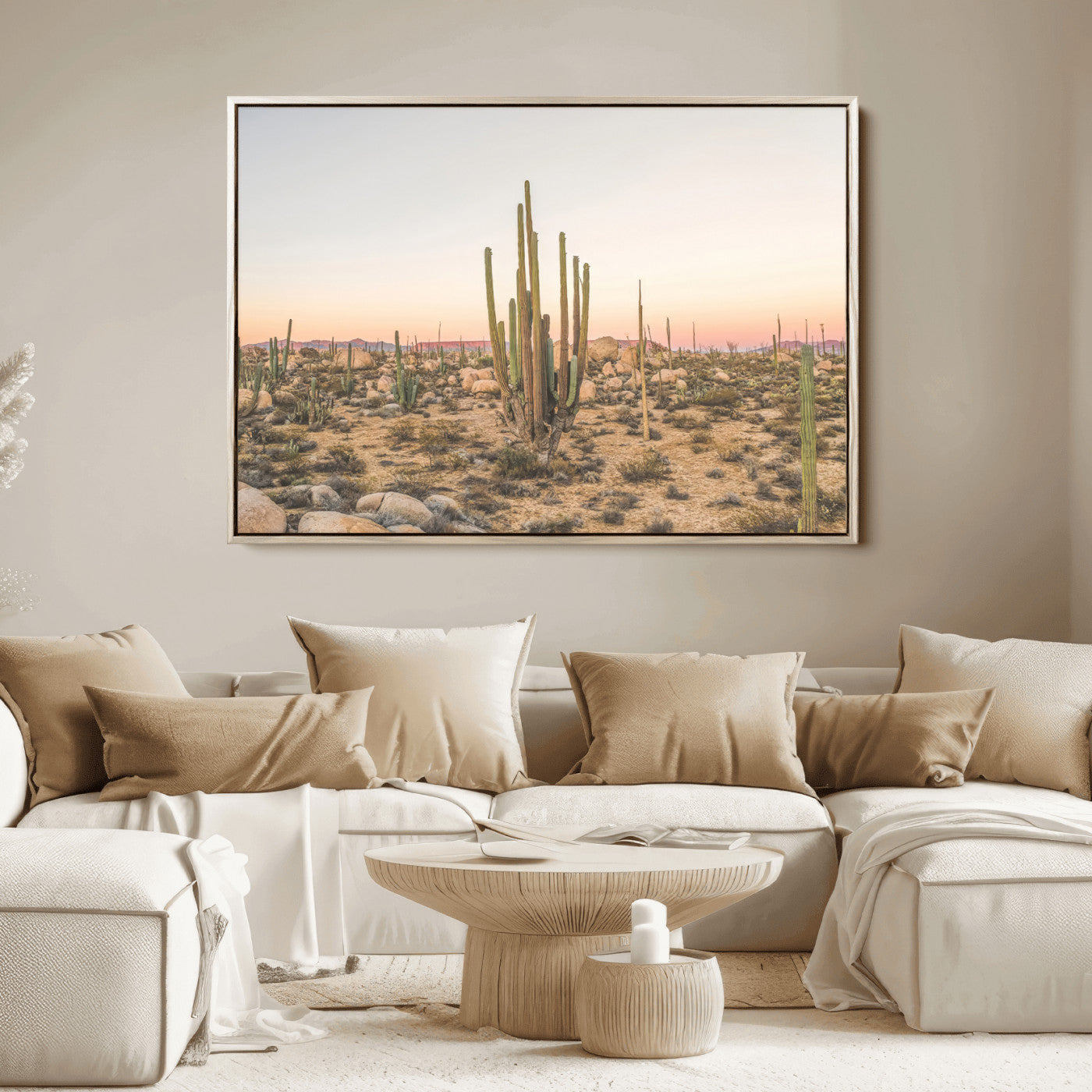 Canvas of tall desert cacti in warm sunset tones over a rocky Baja landscape, ideal for earthy or Southwestern-style home decor.