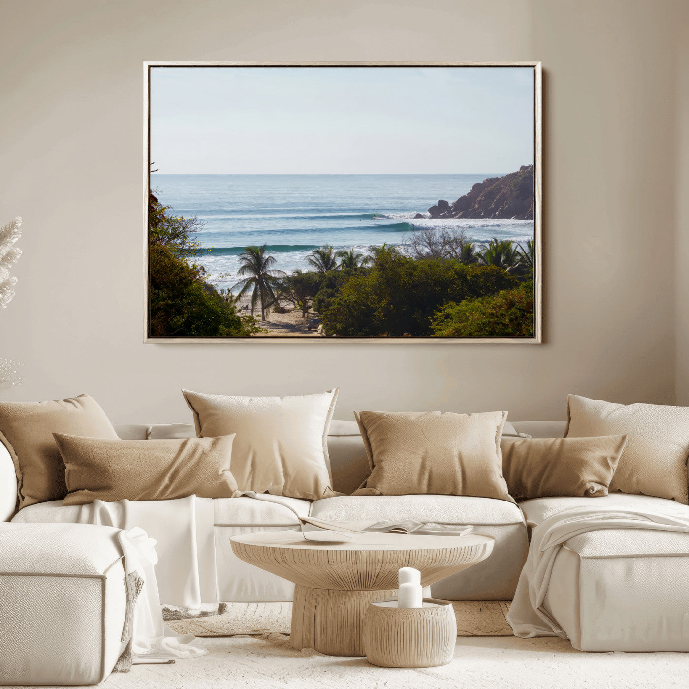 View of calm ocean waves with palm trees and a tropical coastline, ideal for coastal boho or beach-themed wall decor.