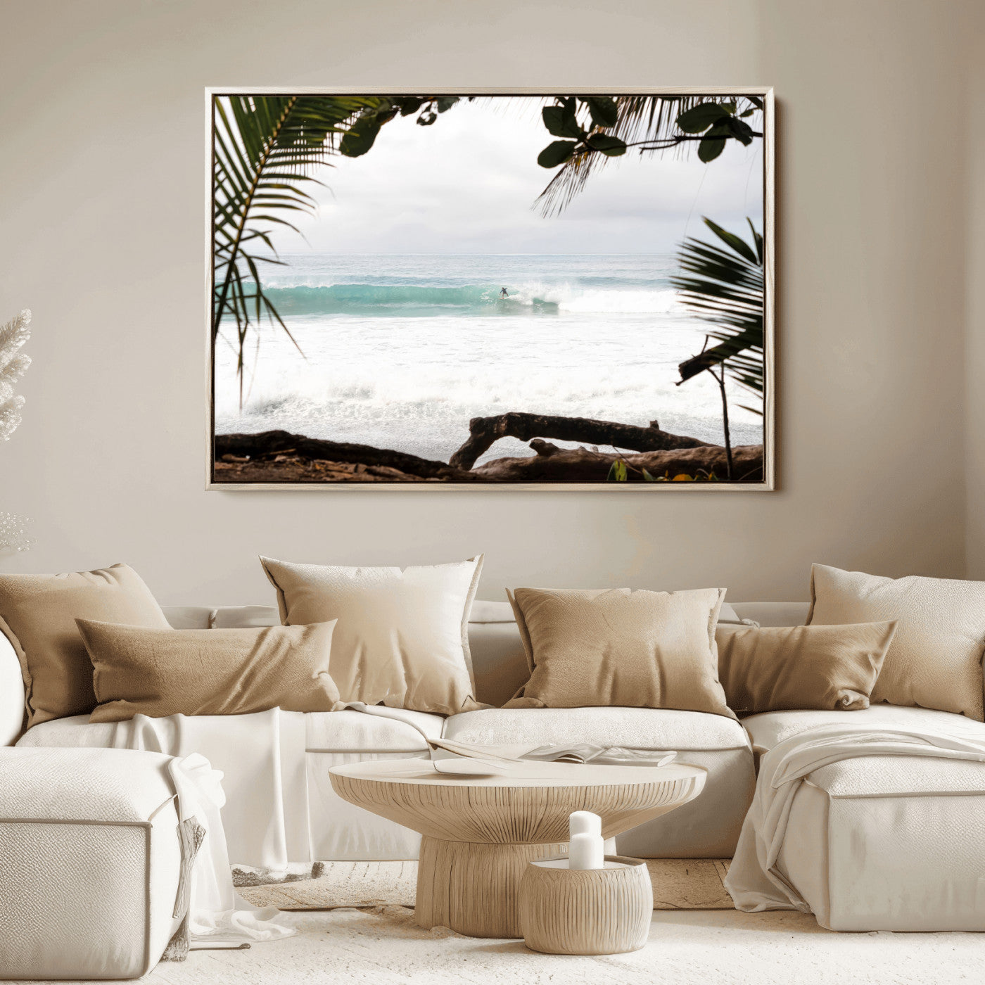 Tropical beach view with palm trees and surfer riding a wave, perfect for boho or coastal-inspired interior wall decor.